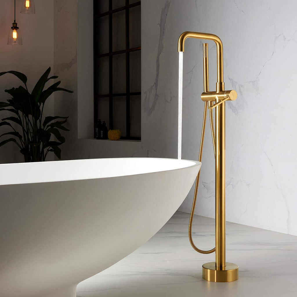 Vinnova Delara Freestanding Chrome Tub Faucet with Handheld Shower Bathroom Tub Filler, Floor Mounted, Brushed Gold Finish