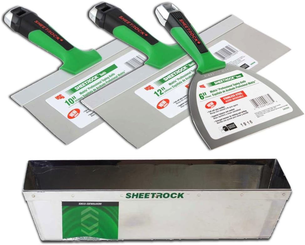 USG Sheetrock Matrix Stainless Steel Drywall Taping Knife Set 6'-10'-12' with Matrix Mud Pan