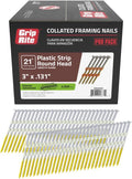 Grip-Rite 21 Degree Framing Nails - Exterior Galvanized Nails for Wood-To-Wood Framing Projects - Plastic Strip Collated Fastener - Round Head - Smooth Shank - 3' x .131' - 4000 Count - GR033HG