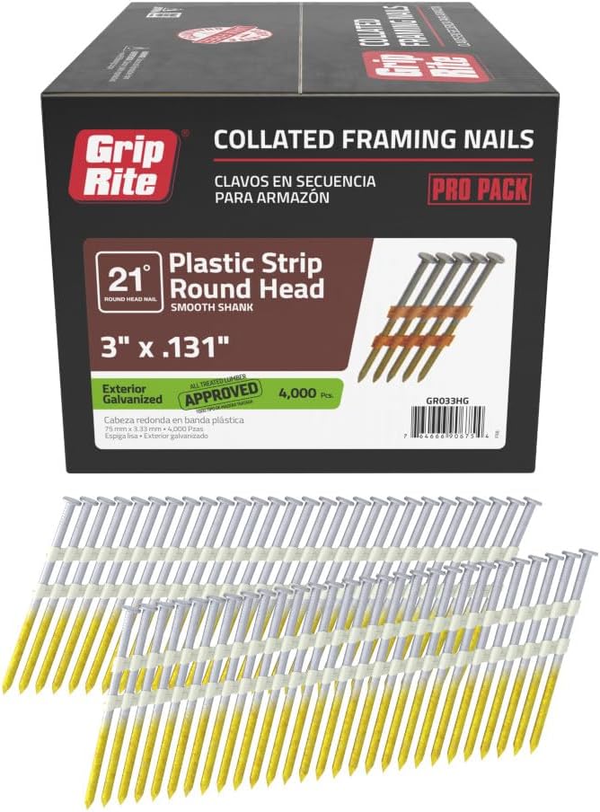 Grip-Rite 21 Degree Framing Nails - Exterior Galvanized Nails for Wood-To-Wood Framing Projects - Plastic Strip Collated Fastener - Round Head - Smooth Shank - 3' x .131' - 4000 Count - GR033HG