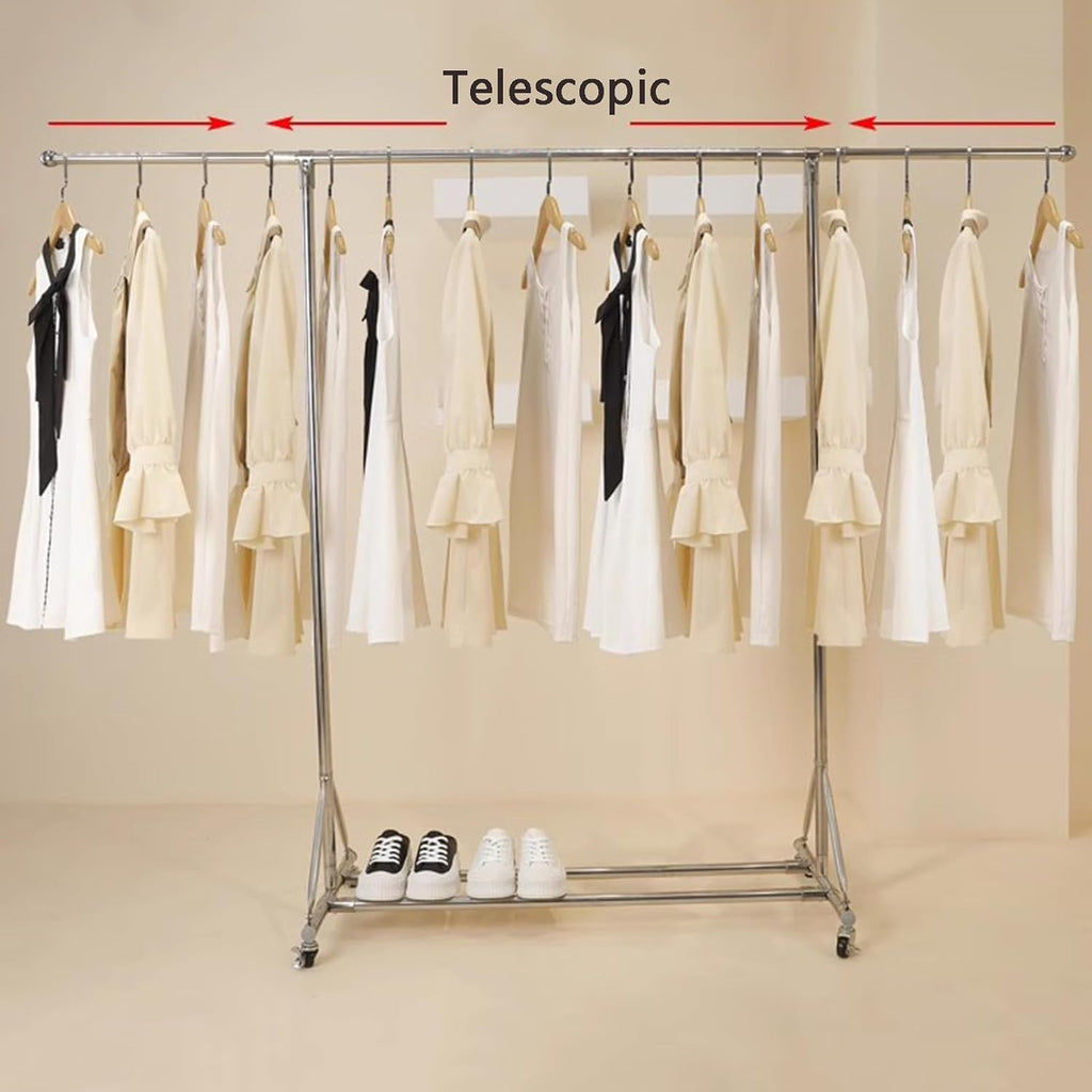 Garment Rack Silver Stainless Steel Clothes Rail On Wheels,Heavy Duty Clothing Racks with Extendable Hanging Rail,Portable Drying Rack,Bedroom Clothes Organizer,Easy Assemble, 115-200cm