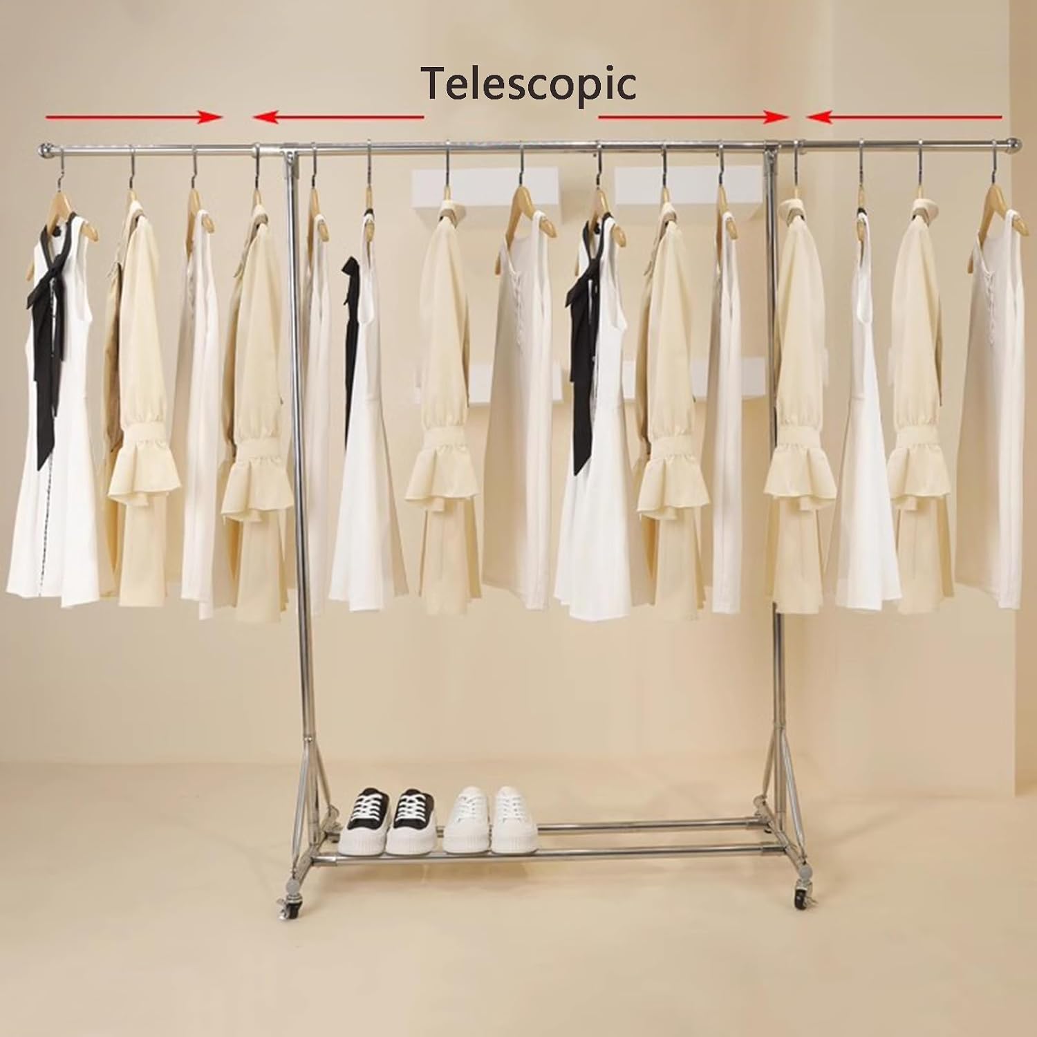 Garment Rack Silver Stainless Steel Clothes Rail On Wheels,Heavy Duty Clothing Racks with Extendable Hanging Rail,Portable Drying Rack,Bedroom Clothes Organizer,Easy Assemble, 115-200cm