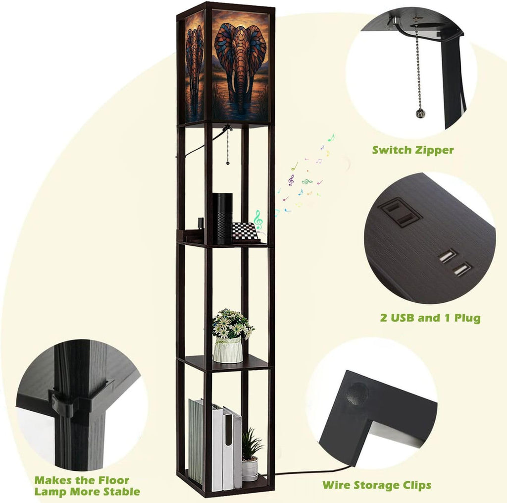 Floor Lamp with Shelves Colored Glass Elephant Sunset Standing Tall Lamp USB Ports & Power Outlet Modern Corner Lamp Nightstand Light for Living Room Bedroom