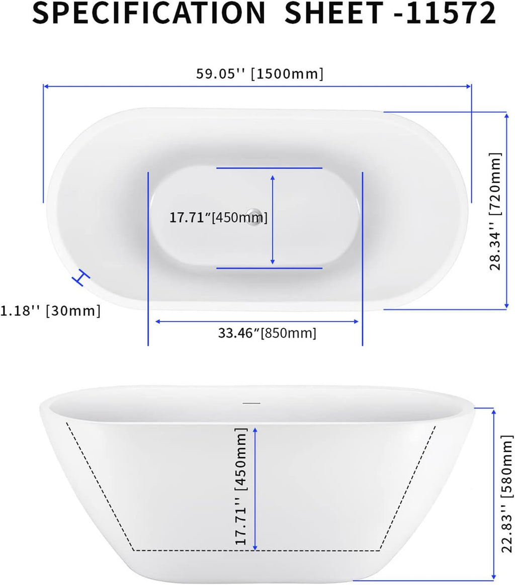 59' Acrylic Freestanding Bathtub, Double Ended Free Standing Tub, Soaking Tub with Integrated Slotted Overflow, Toe-Tap Chrome Drain, cUPC Certified, Glossy White