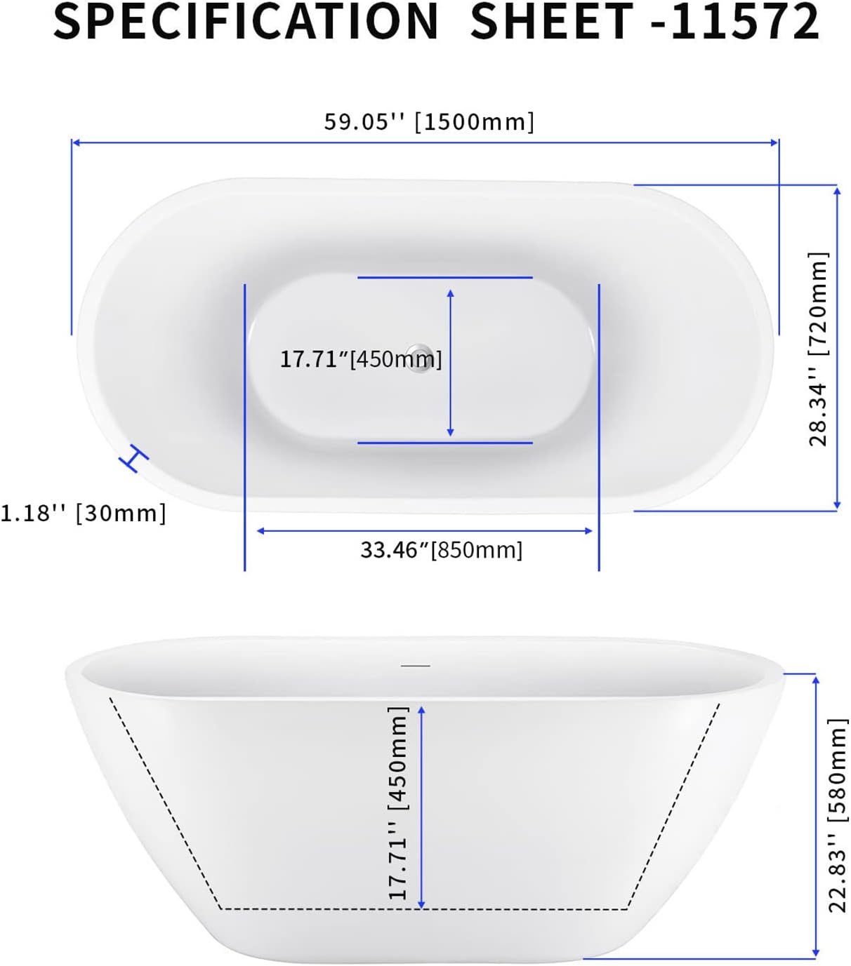 59' Acrylic Freestanding Bathtub, Double Ended Free Standing Tub, Soaking Tub with Integrated Slotted Overflow, Toe-Tap Chrome Drain, cUPC Certified, Glossy White