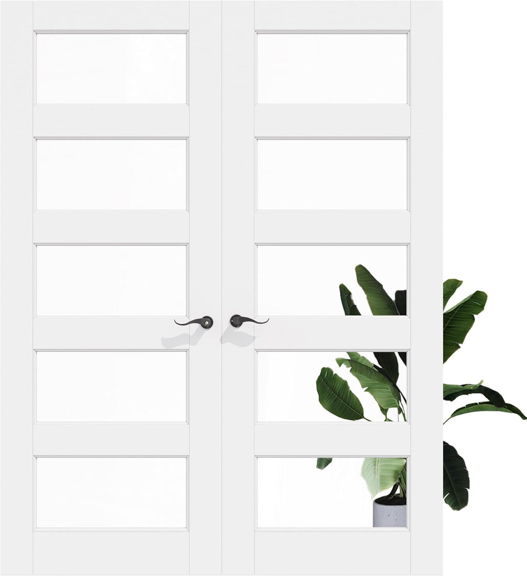 Prehung French Door 72' x 80' (2x36 in), 5-Lite Tempered Clear Glass Door Slabs with Jamb, Black Hinges, 4 Levers & Latch, Solid Core Interior Door, Pre-Finished & Paintable,Double Doors Interior