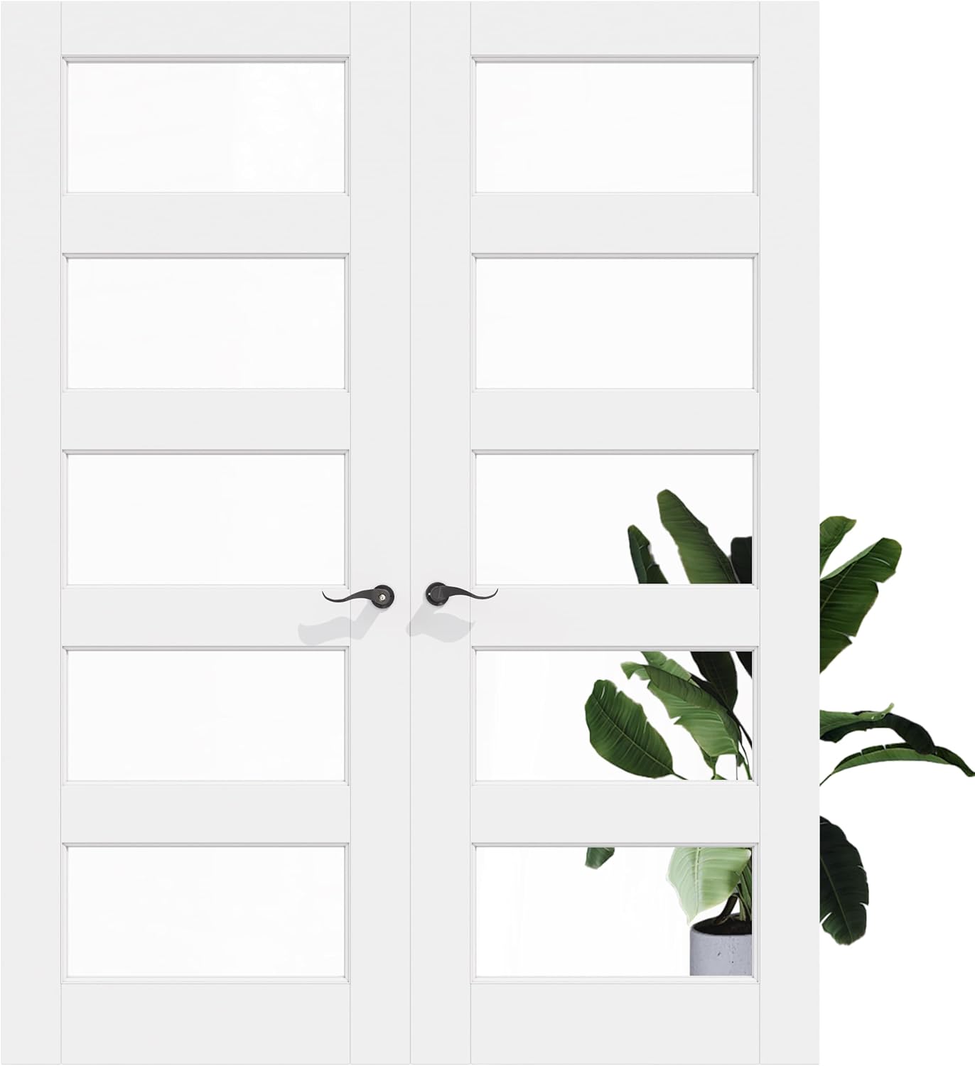Prehung French Door 72' x 80' (2x36 in), 5-Lite Tempered Clear Glass Door Slabs with Jamb, Black Hinges, 4 Levers & Latch, Solid Core Interior Door, Pre-Finished & Paintable,Double Doors Interior