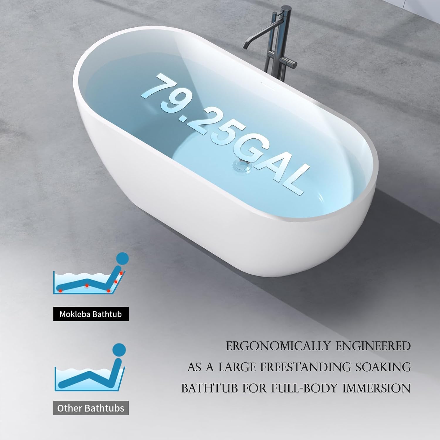 65' Acrylic Freestanding Bathtub, Double Ended Free Standing Tub, Soaking Tub with Integrated Slotted Overflow, Toe-Tap Chrome Drain, cUPC Certified, Glossy White