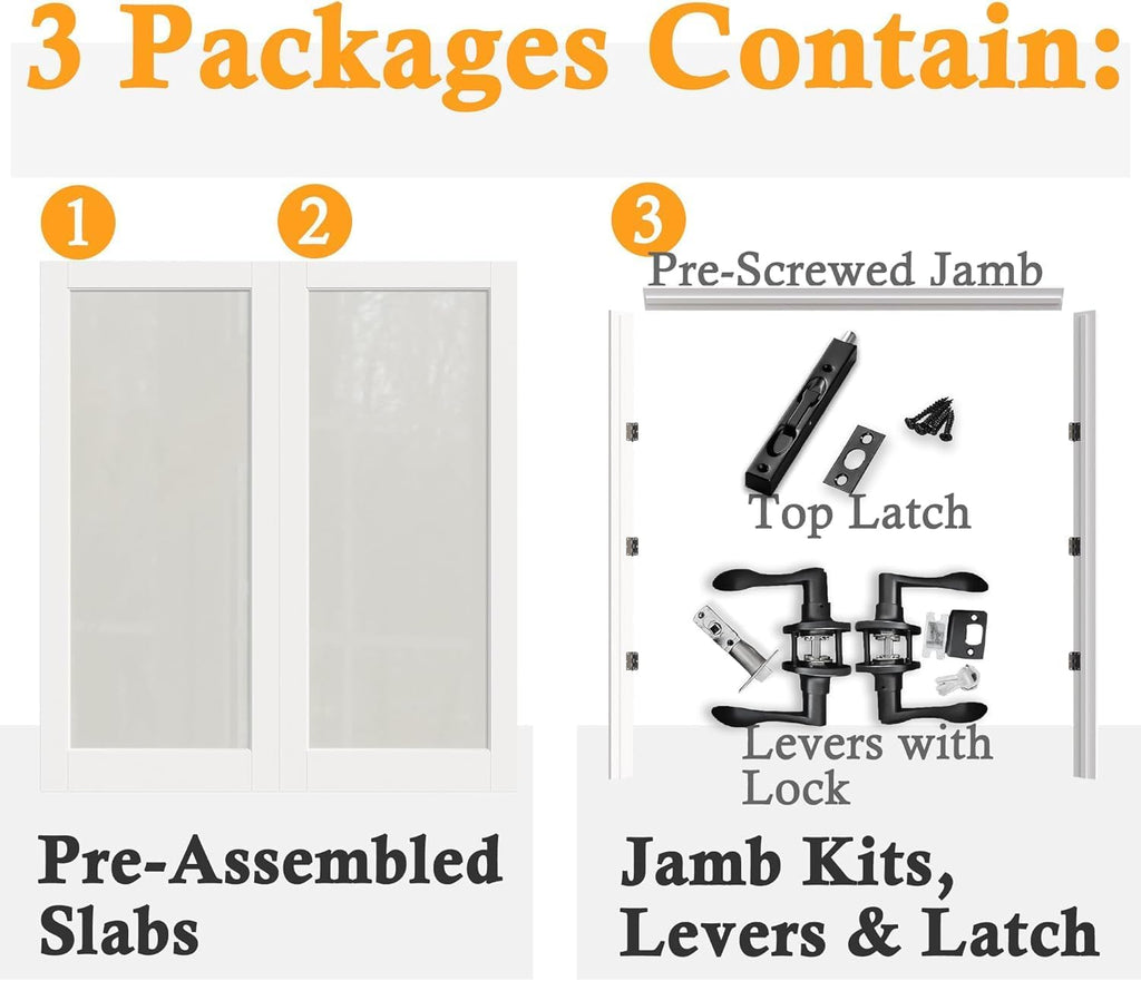 Prehung French Door 68' x 80' (2x34 in), Tempered Frosted Glass Door Slabs with Jamb, Black Hinges, 4 Levers & Latch, Solid Core Interior Door, Pre-Finished & Paintable, MDF Double Doors Interior
