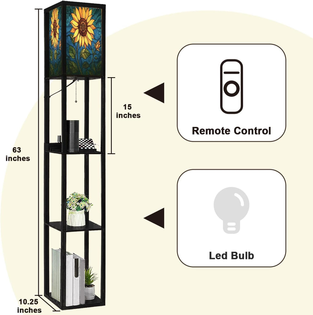 Floor Lamp with Shelves Sunflower Stained Glass for Windows Home Decor Standing Tall Lamp USB Ports & Power Outlet Modern Corner Lamp Nightstand Light for Living Room Bedroom