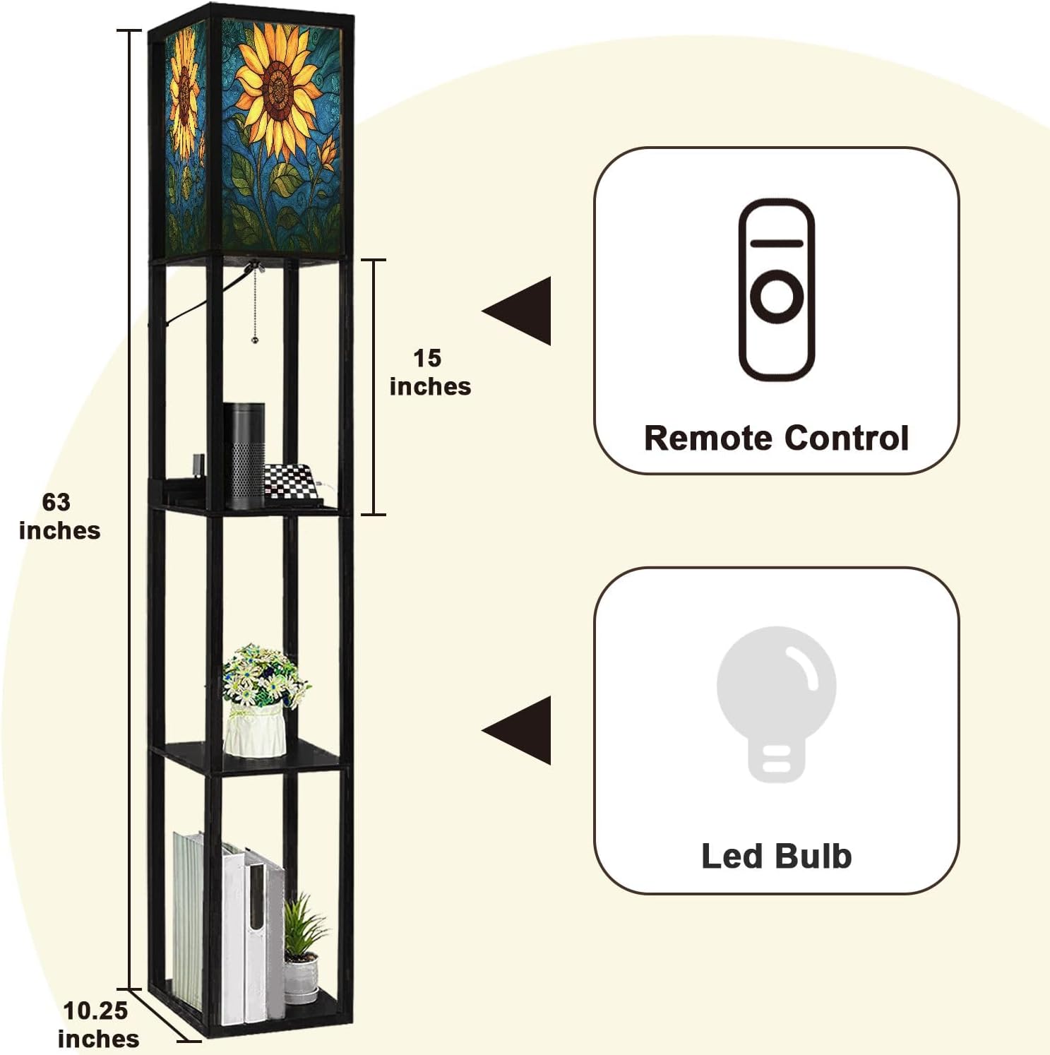 Floor Lamp with Shelves Sunflower Stained Glass for Windows Home Decor Standing Tall Lamp USB Ports & Power Outlet Modern Corner Lamp Nightstand Light for Living Room Bedroom
