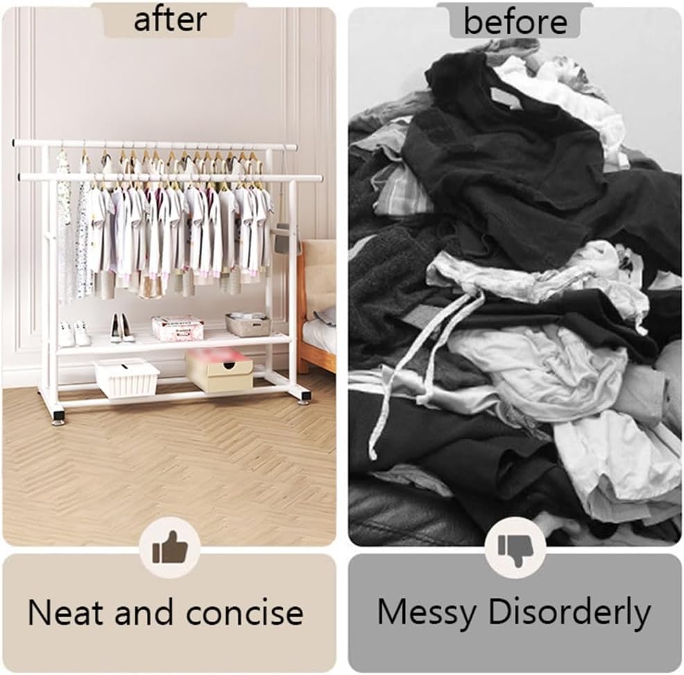 Double Rods Multi-Functional Bedroom Clothing Rack with 2-Tier Storage Shelf, Heavy Duty Metal Garment Rack for Hanging Clothes, Coats, Skirts, Shirts