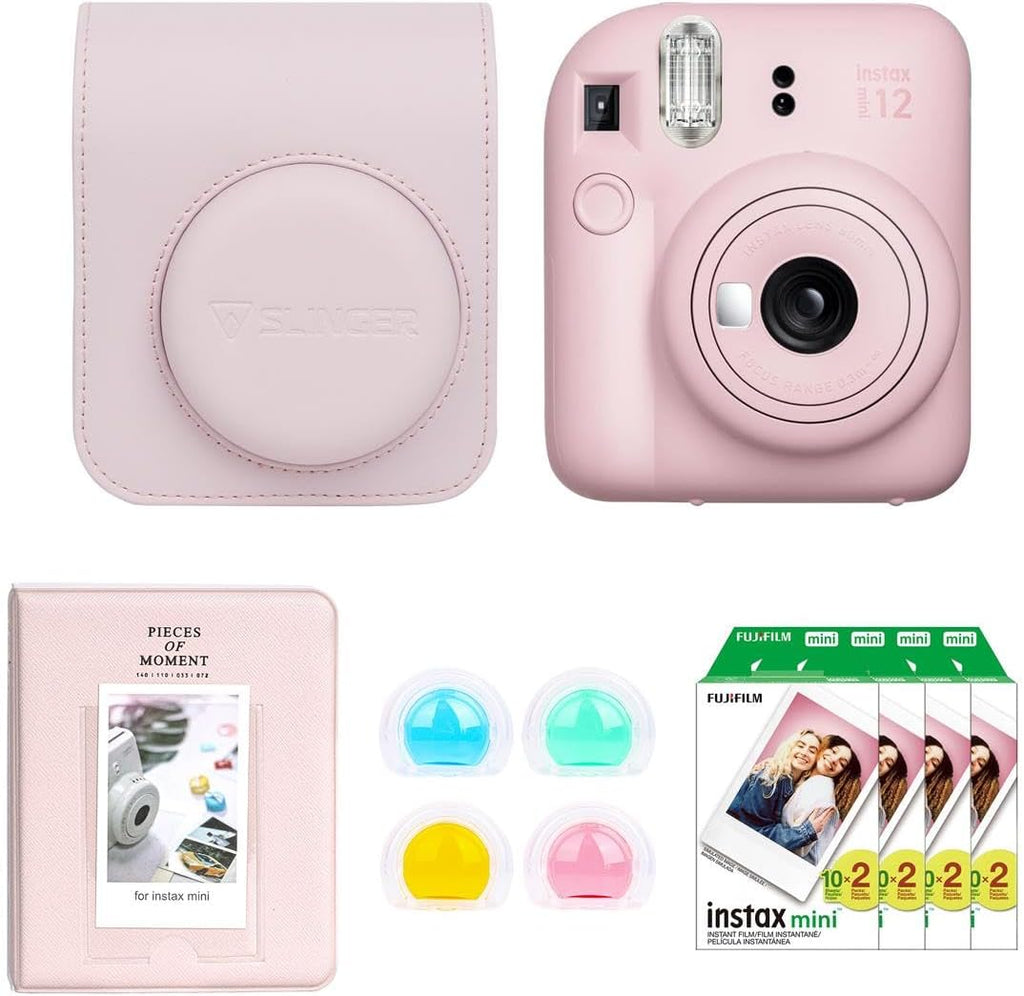 Fujifilm Instax Mini 12 Instant Film Camera, Blossom Pink Bundle with Instax Mini Custom Case, Accessory Kit and Daylight Film, 4x Twin Pack (80 Exposures) ISO 800