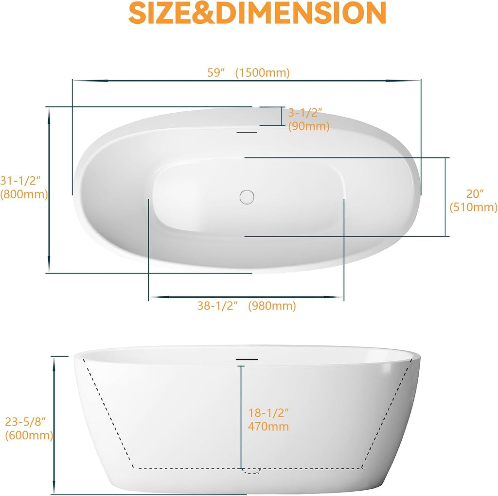 59' Acrylic Freestanding Tub, Soaking Tub, Bathtub for SPA, Integrated Overflow and Drain, cUPC Certified, Lustre White