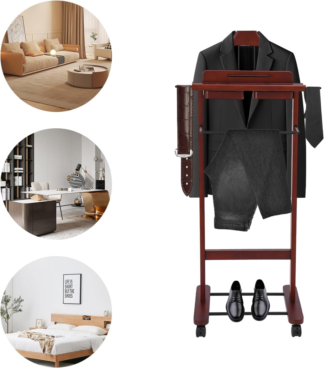 Suit Valet Stand Reddish Orange, Freestanding Clothes Rack with Wheels & Drawers, Solid Birch Wood, 66lbs Capacity, for Bedroom Hotel Entryway