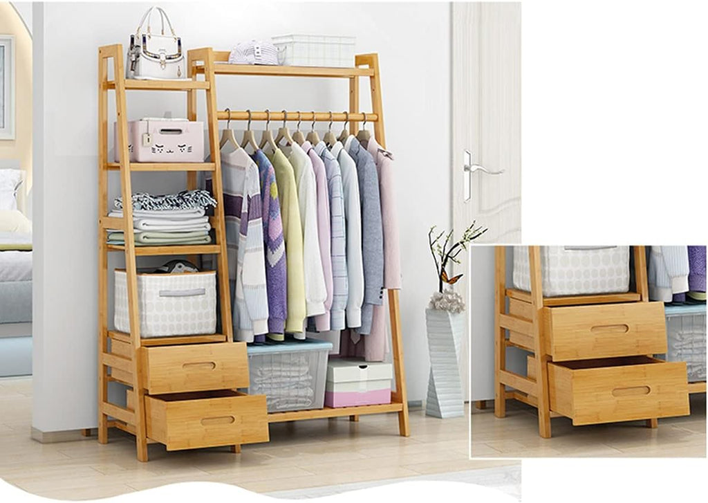 Wooden Clothing Rack with Drawer Shelves Heavy Duty Clothes Hanging Rails Wood Garment Rack Clothes Hanger Rack Open Wardrobe Closet Coat Stands Multifunctional-90x40x140cm