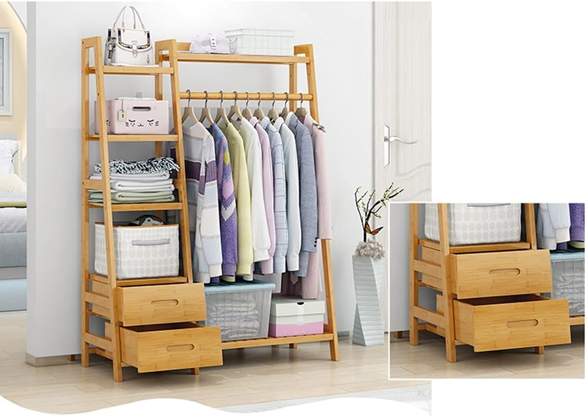 Wooden Clothing Rack with Drawer Shelves Heavy Duty Clothes Hanging Rails Wood Garment Rack Clothes Hanger Rack Open Wardrobe Closet Coat Stands Multifunctional-90x40x140cm