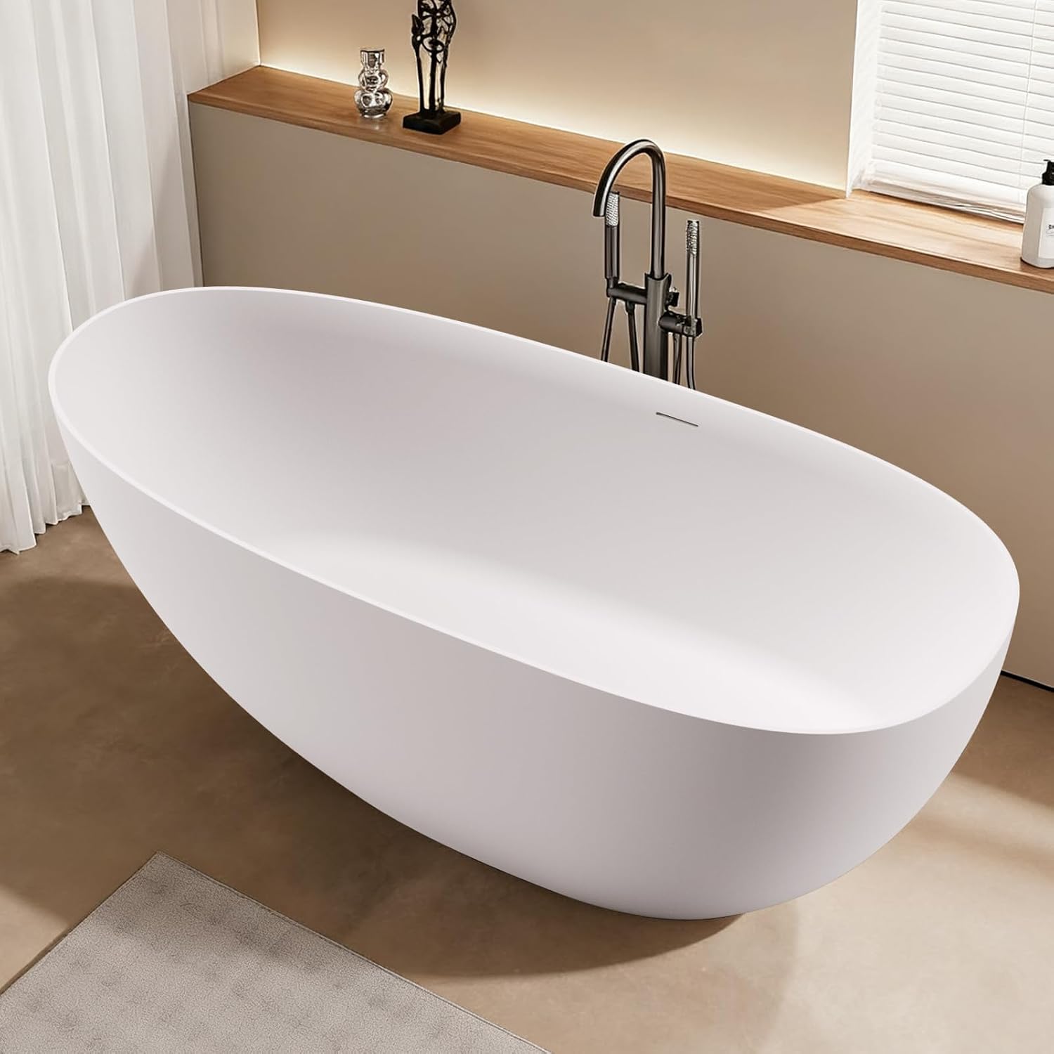 Stone Resin Freestanding Bathtubs,67'Solid Surface Matte White Contemporary Luxury Free Standing Oval Soaking Tub,Egg Shell Bathroom decor Bath tub with Drain & Integrated Slotted Overflow