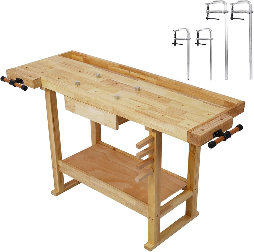 55-Inch Wood Workbench - Wooden Workbench for Garage Workshop and Home Throat for Enhanced Workshop Experience, Versatile & Spacious with Bar Clamps Set 2 pcs 12 inch x 3inch+ 2pcs 20inchx4-3/4 4PCS