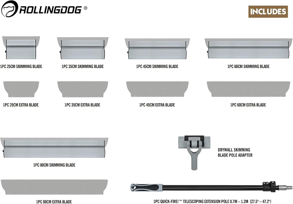 ROLLINGDOG Drywall Skimming Blade Set - Include Extension Pole and Transport Case,13PC Easy Carry Handle and 5 Extra Skimming blades