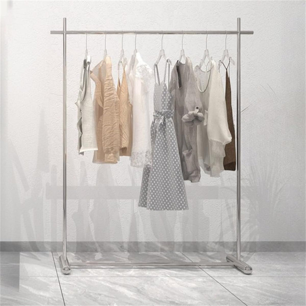 Freestanding Chrome Stainless Steel Coat Rack with Stand Clothing Store Display Rack Floor-standing Women Clothing Stainless Steel Horizontal Bar Shelf Island Hanger Silver 46'L x 16'W x 59'H