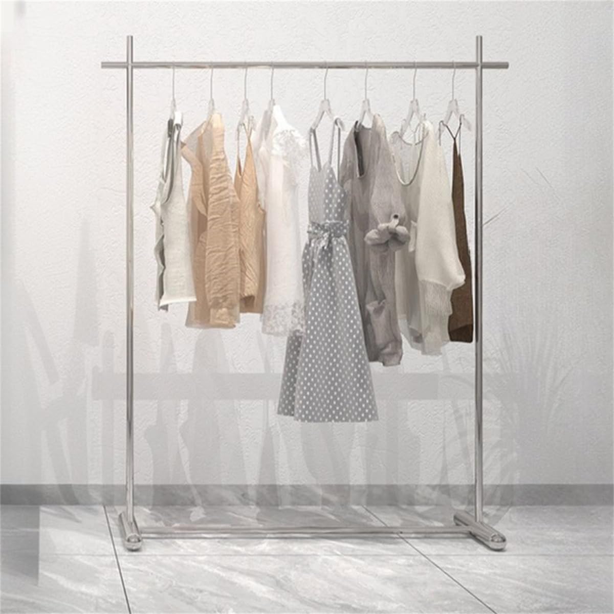 Freestanding Chrome Stainless Steel Coat Rack with Stand Clothing Store Display Rack Floor-standing Women Clothing Stainless Steel Horizontal Bar Shelf Island Hanger Silver 46'L x 16'W x 59'H
