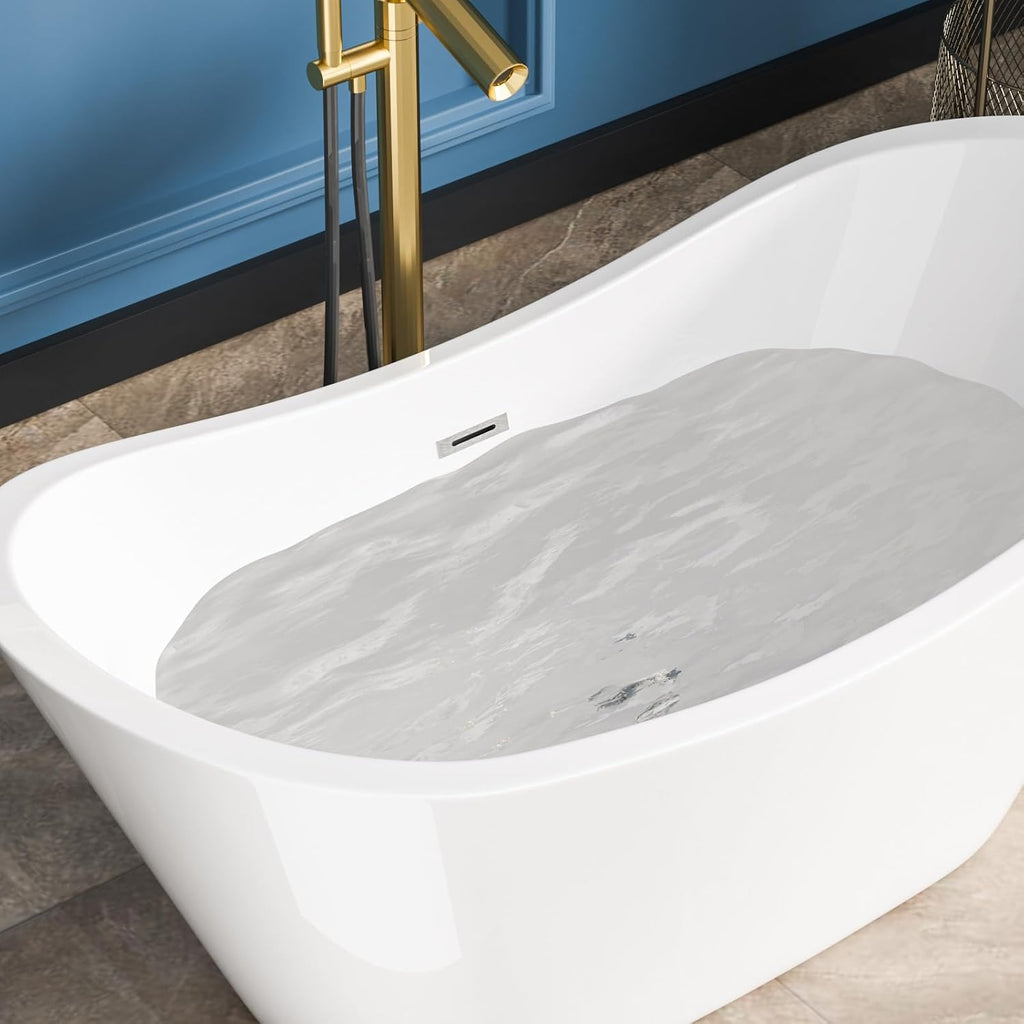 Sarlai 59 Inch Acrylic Freestanding Soaking Bathtub Contemporary Soaking White Tub Stand Alone Ergonomic Bathtub with Chrome Drain and Overflow