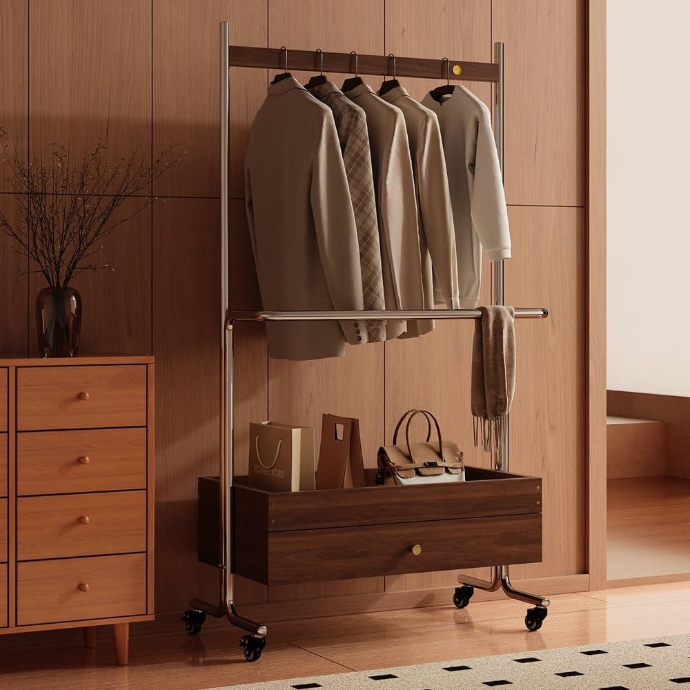 Metal Frame Coat Rack Freestanding, Mobile Clothing Racks with Wheels, Retro Coat Stand with Solid Wood Drawer, Multifunctional Clothes Rack for Bedroom, Cloakroom(61cm-24in)