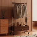 Metal Frame Coat Rack Freestanding, Mobile Clothing Racks with Wheels, Retro Coat Stand with Solid Wood Drawer, Multifunctional Clothes Rack for Bedroom, Cloakroom(61cm-24in)
