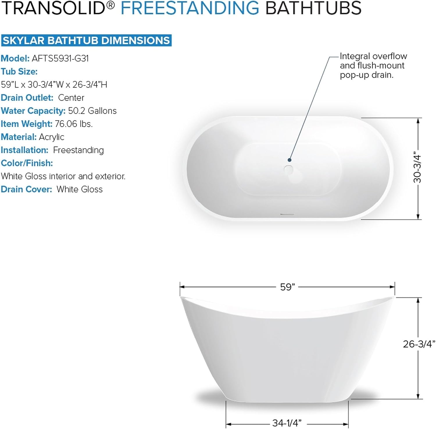 Transolid Skylar Freestanding Oval Soaking Bathtub Kit 59 in. x 31 in. Gloss White with Peyton T4200-PC Polished Chrome Floor-Mount Faucet, Color-Matched EZ-Click Center Drain and Bath Pillow