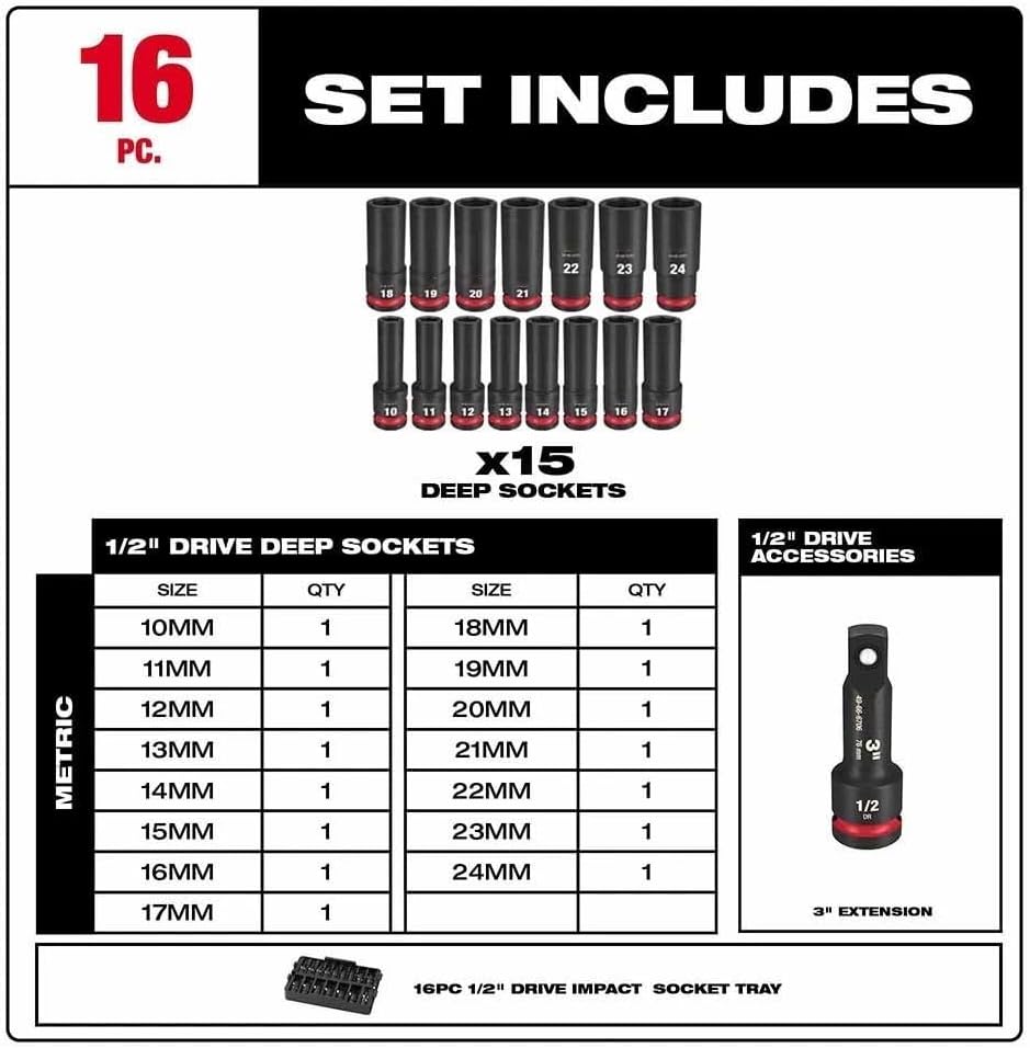 16PC 49-66-6818 for Milwaukee Impact Duty Socket 1/2' Drive Set w/Tray - Black