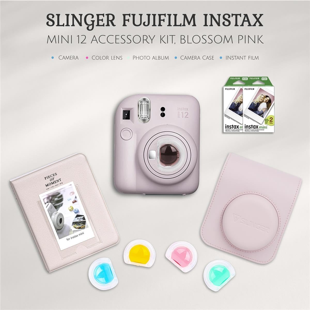 Fujifilm Instax Mini 12 Instant Film Camera, Blossom Pink Bundle with Instax Mini Custom Case, Accessory Kit and Daylight Film, 4x Twin Pack (80 Exposures) ISO 800