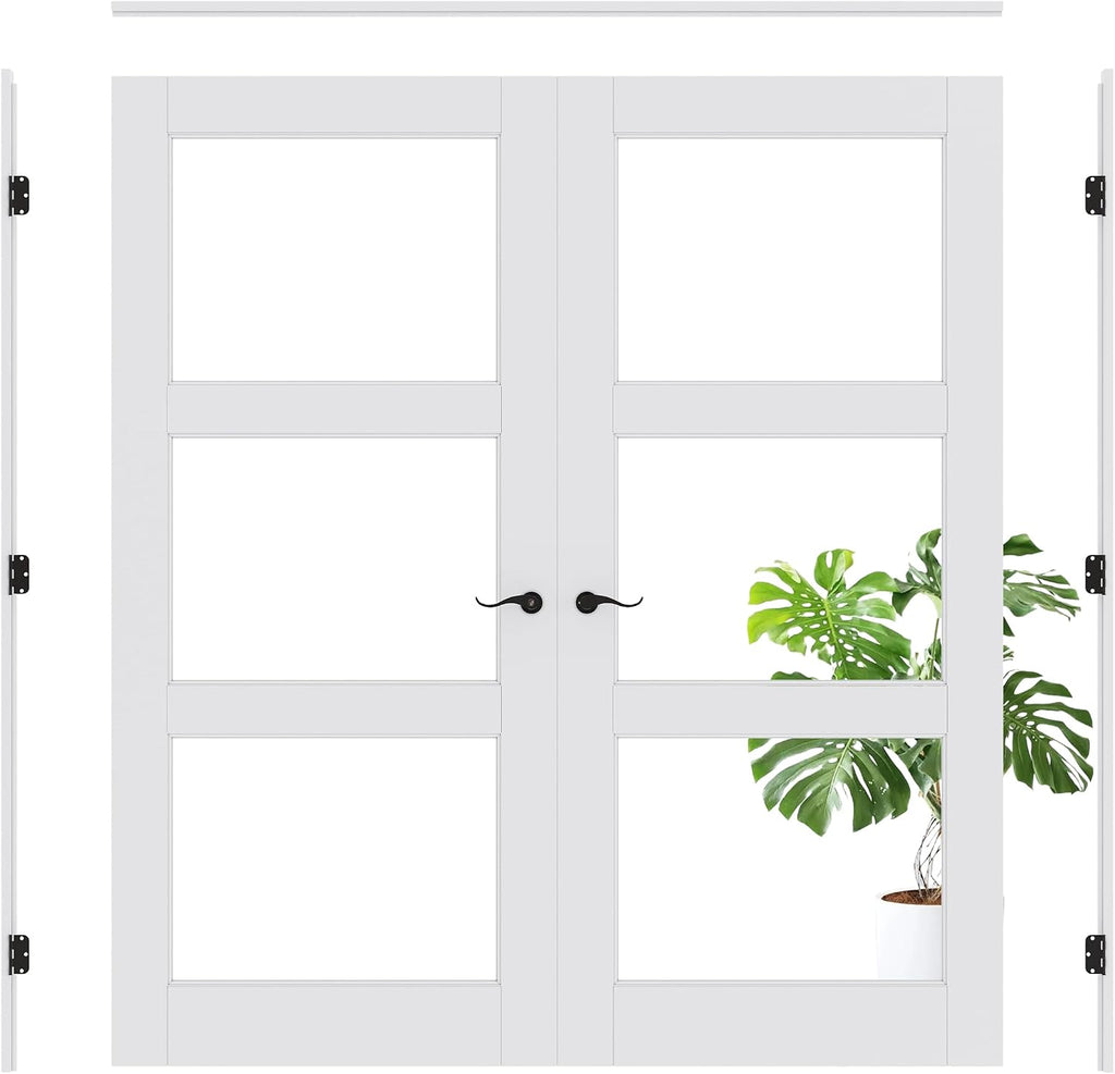 Prehung French Door 72' x 80' (2x36 in), 3-Lite Tempered Clear Glass Door Slabs with Jamb, Black Hinges, 4 Levers & Latch, Solid Core Interior Door, Pre-Finished & Paintable,Double Doors Interior