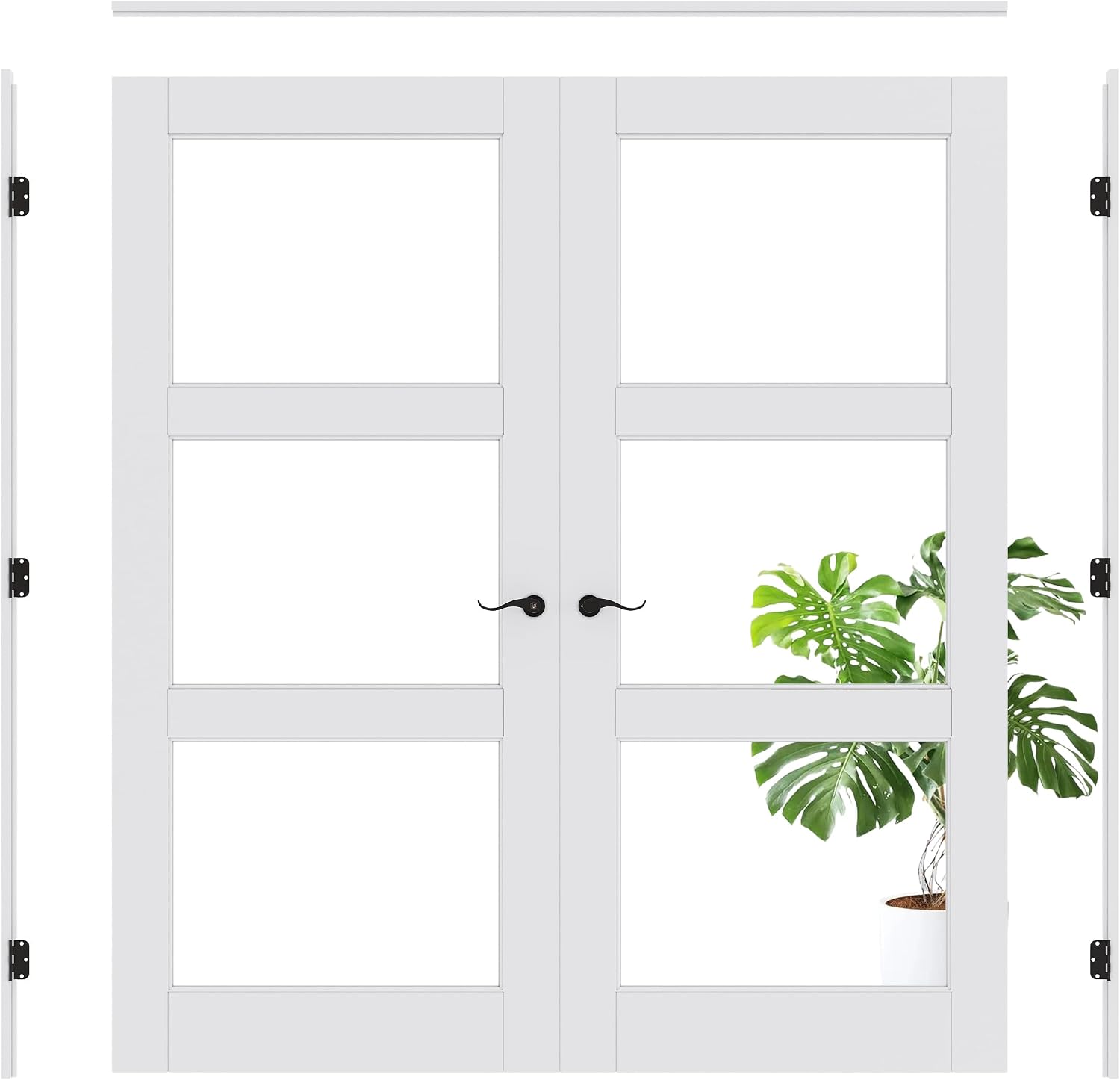 Prehung French Door 72' x 80' (2x36 in), 3-Lite Tempered Clear Glass Door Slabs with Jamb, Black Hinges, 4 Levers & Latch, Solid Core Interior Door, Pre-Finished & Paintable,Double Doors Interior
