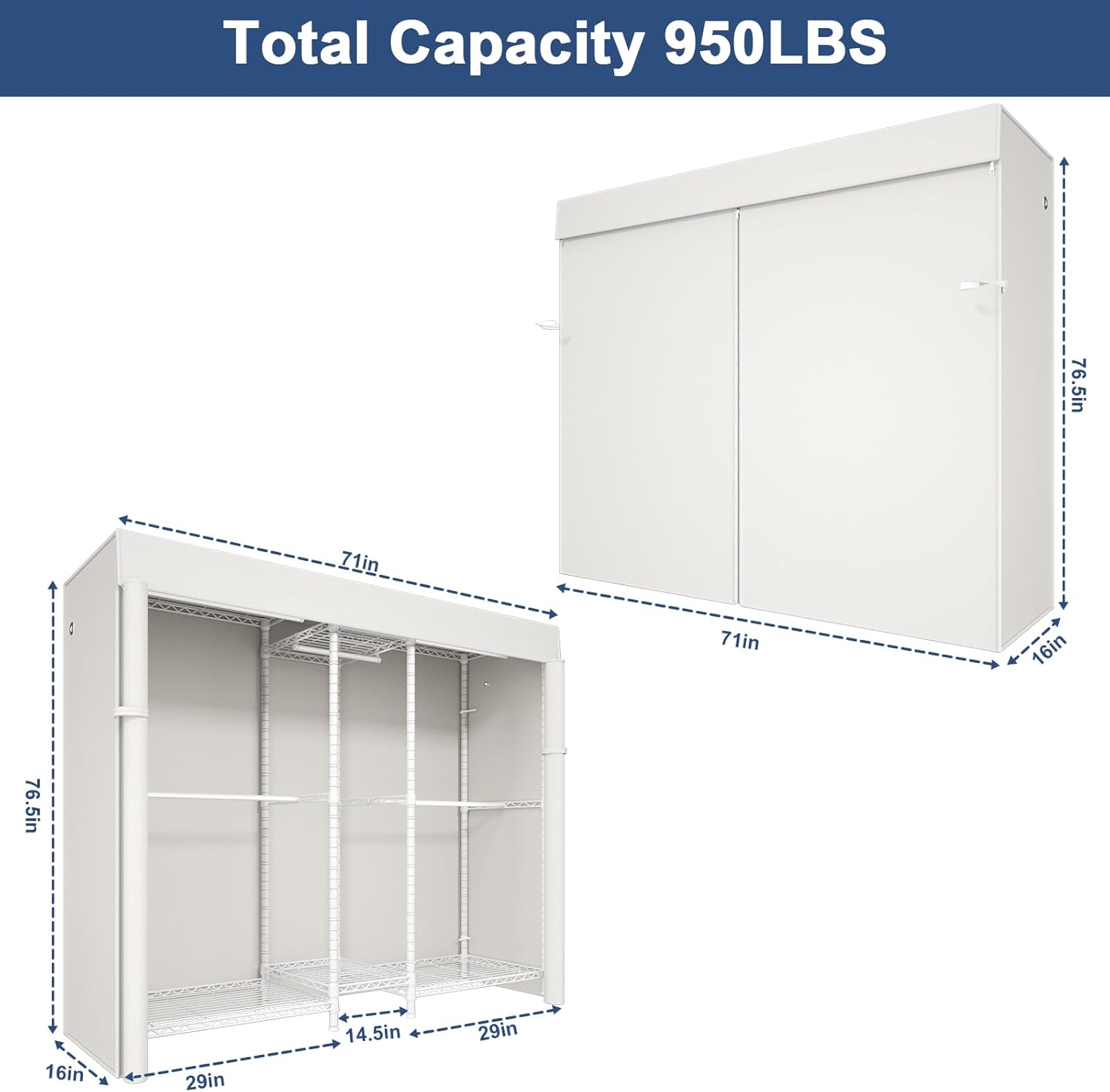 Ulif E12C and E13C (White Clothing Rack with White Dustproof Cover) Heavy Duty Closet Organizer System, Freestanding Clothing Racks for Hanging Clothes，Adjustable Garment Rack