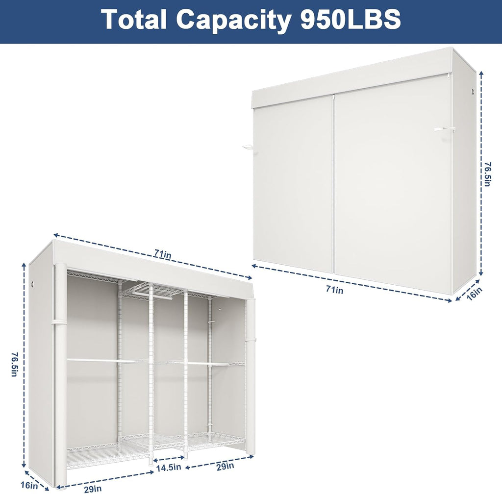Ulif E12 E12C (With White Dustproof Cover) Heavy Duty Closet Organizer System，Freestanding Clothing Racks for Hanging Clothes，Adjustable Garment Rack