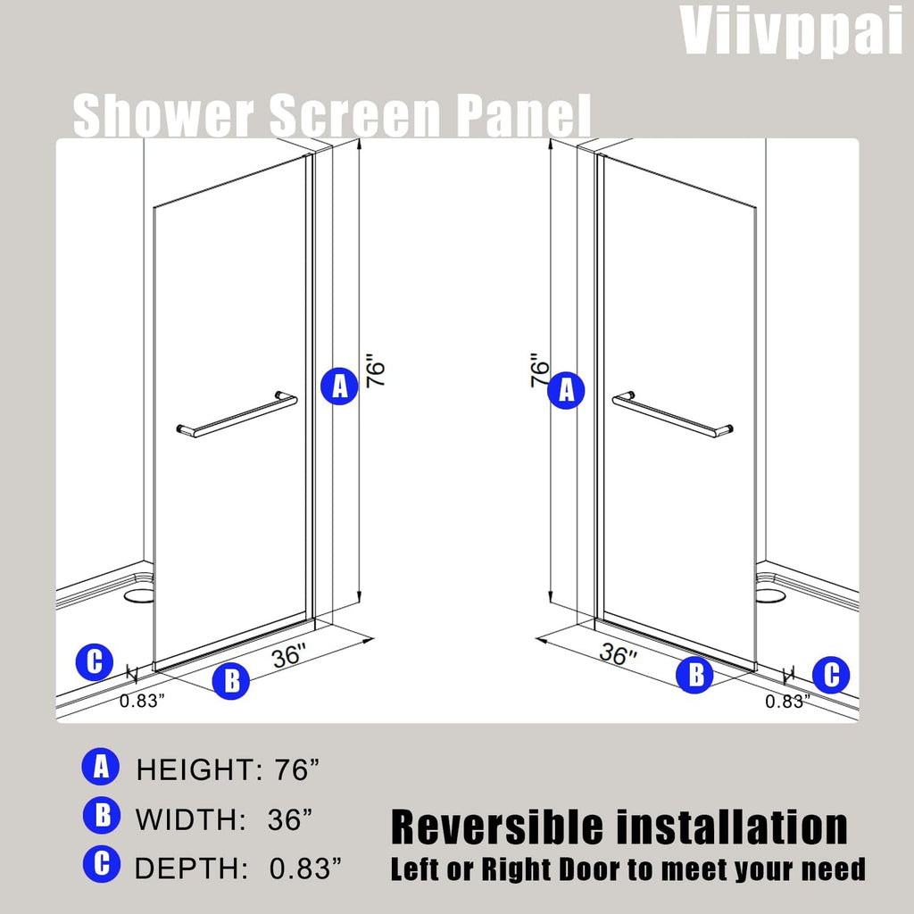 Shower Screen 36' x 76' Half Frameless Shower Wall Panel, Tempered Glass 3/8 inch, Easy to clean Coating, Fixed Glass Shower Door with Hardware (Matte Black with Towel Bar, 36' W X 76' H)