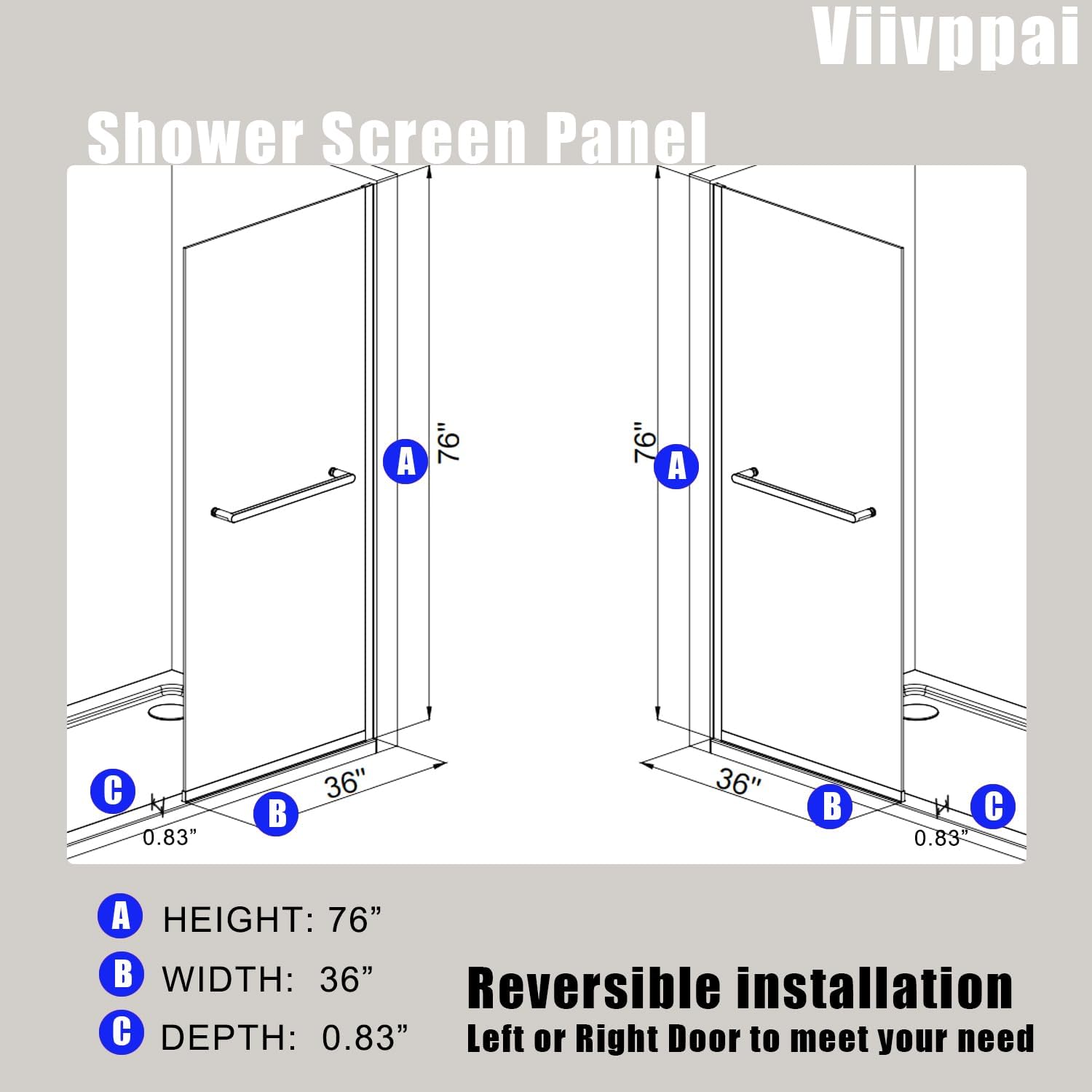 Shower Screen 36' x 76' Half Frameless Shower Wall Panel, Tempered Glass 3/8 inch, Easy to clean Coating, Fixed Glass Shower Door with Hardware (Matte Black with Towel Bar, 36' W X 76' H)