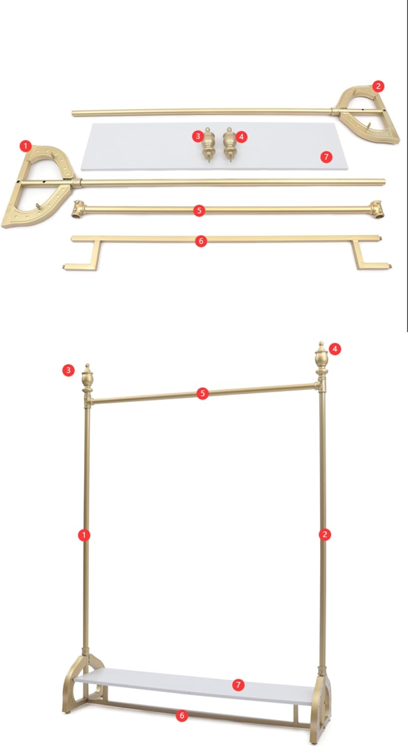 Clothes Rack on wheels, Gold Clothing Rack with Bottom Wood Storage Shelf, Heavy Duty Metal Frame Pipe Industrial Rolling Garment Rack for Hanging Clothes, Coats, 47' L x 16' W x 67' H