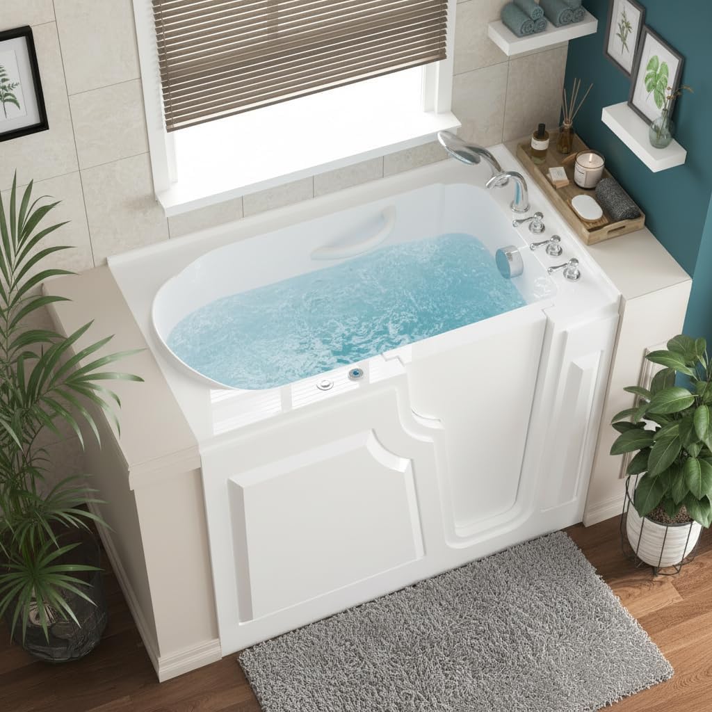 FerdY 52' x 30' Walk-in Whirlpool Bathtub with Right-Side Door Opening, 14 Air & Water Jets, Quick Fill and Drain System, Shower Combo with Rectangular Soaking Bathtub in White, Floridian