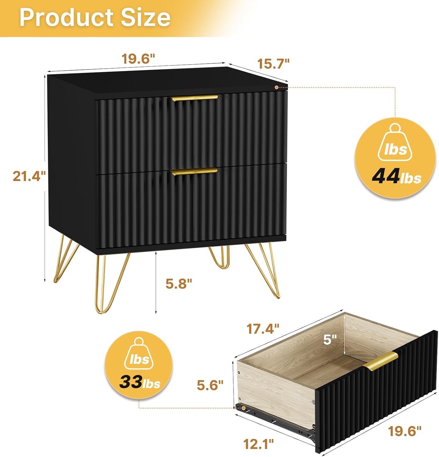Set of 2 Black Nightstand, Modern Night Stand Bedside Table with 2 Storage Drawer, Bed Side End Table with Golden Handles and Legs for Bedroom, Black