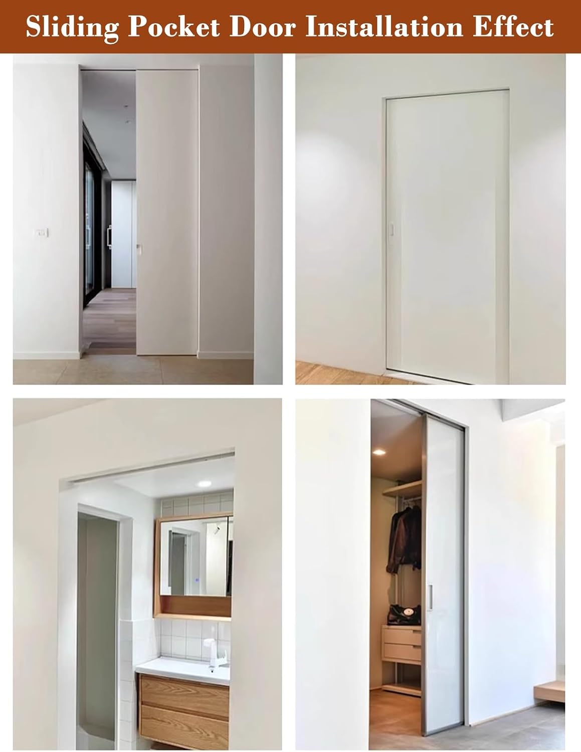 Invisible Pocket Door Hardware with Two-Way Soft Close Mechanism, Top Mount Sliding Door Track with Nylon Ball Bearing Six-Wheel, Floor Guide(134cm(52.8in))