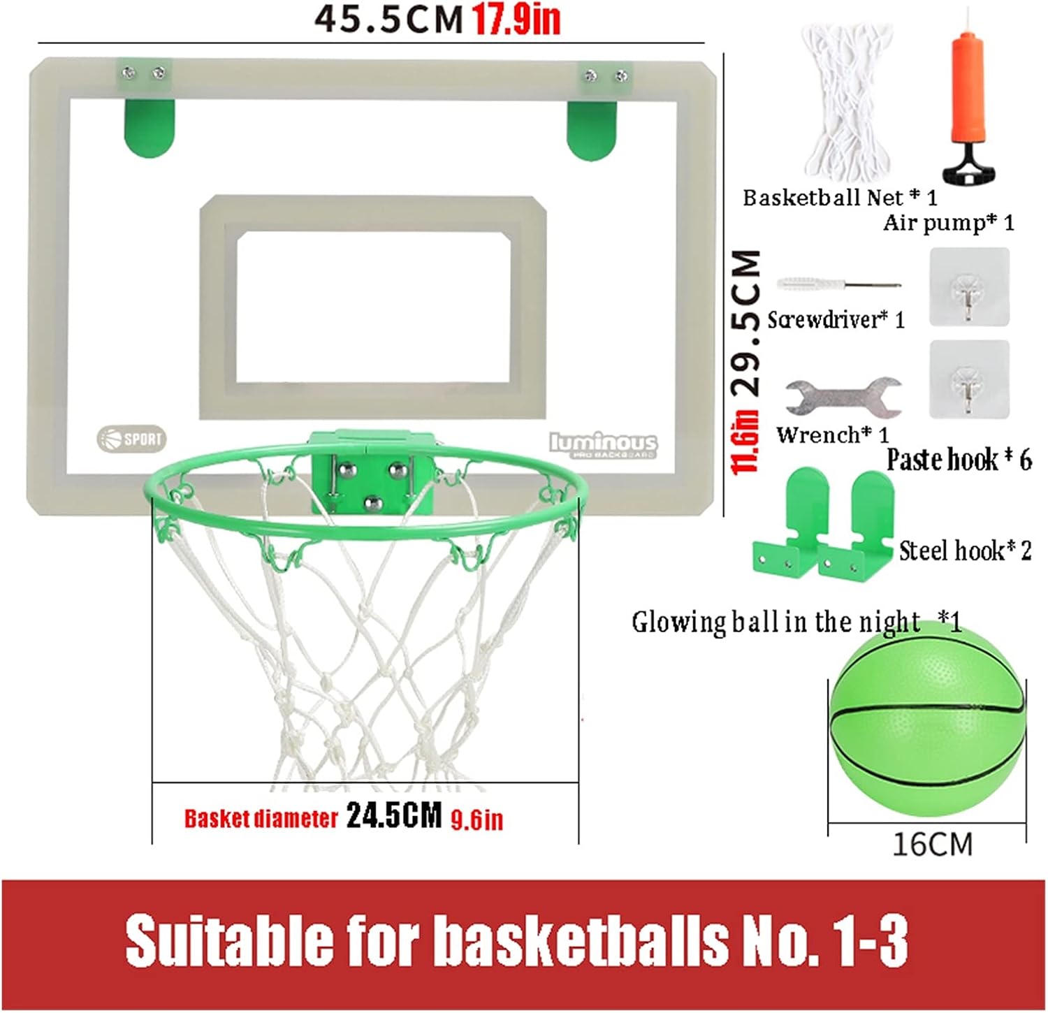 Indoor Mini Basketball Hoop, Wall-Mounted Basketball Hoop That Glows in The Dark, with 2 Balls and Complete Basketball Accessories (Size : 17.9x12in)