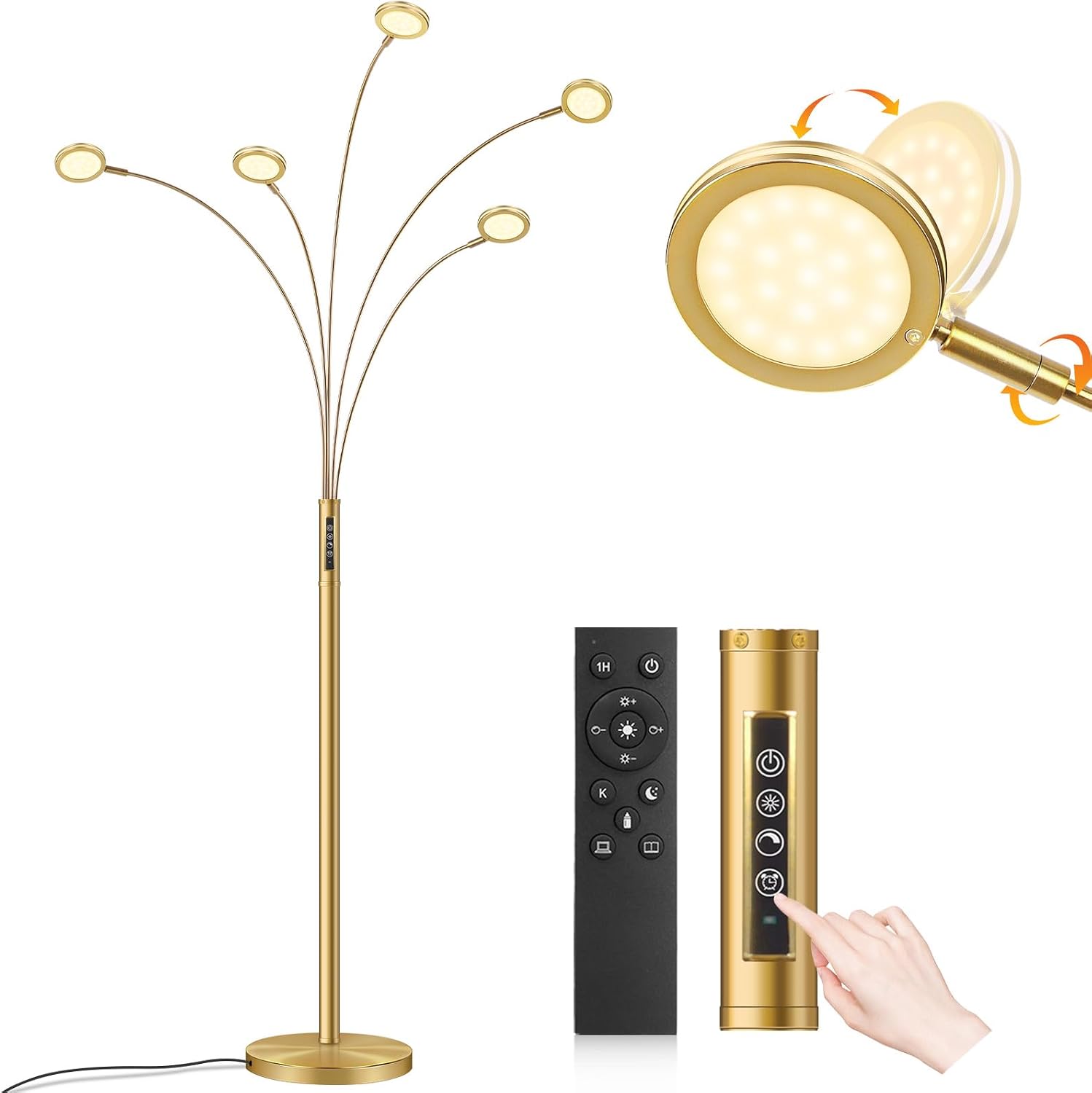 LED Arc Floor Lamp with Remote, 2250LM Dimmable Gold Floor Lamp with Timer, Adjustable Colors, Brightness & 5 Adjustable Arms, Multi-Head Tall Tree Standing Lamp for Living Room Bedroom Corner Office
