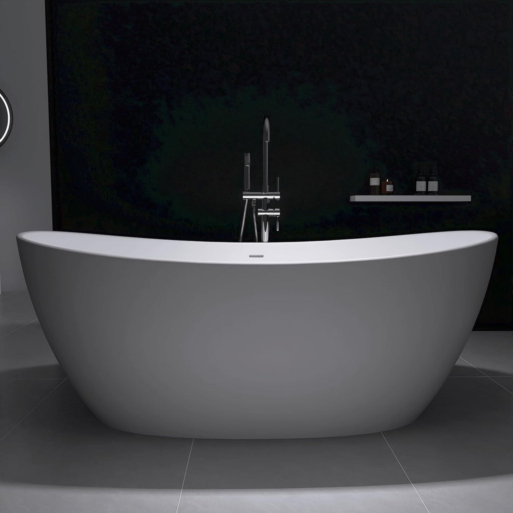 65' Stone Resin Freestanding Bathtub, Elegant Oval Design, Solid Surface Bathtub, Stand Alone Bathtub with Drain and Overflow,Matte White