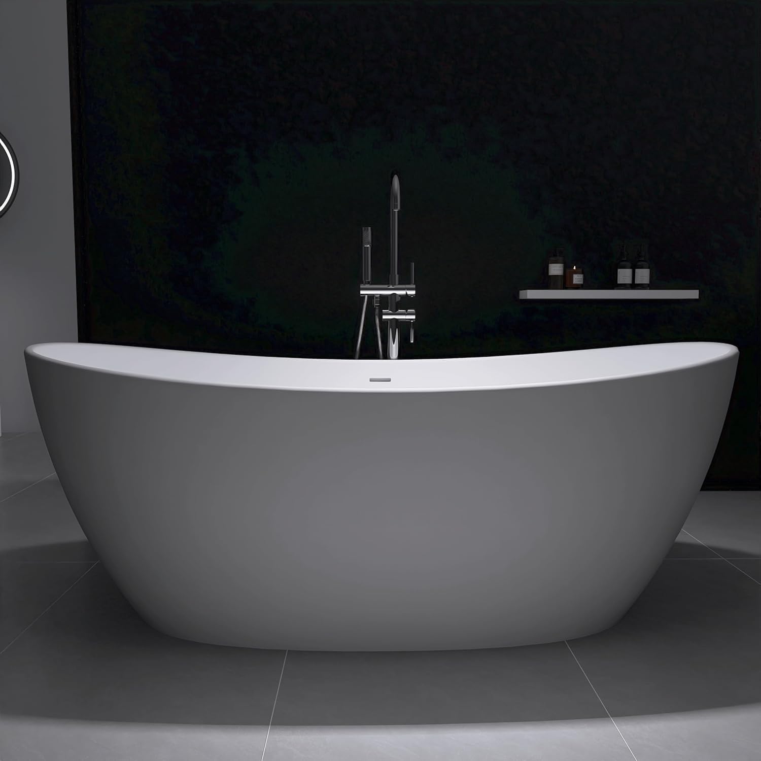 65' Stone Resin Freestanding Bathtub, Elegant Oval Design, Solid Surface Bathtub, Stand Alone Bathtub with Drain and Overflow,Matte White