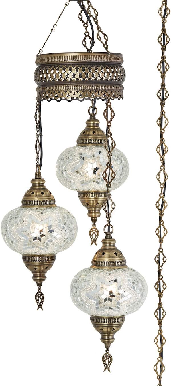 DEMMEX Plug-in Turkish Hanging Lamp, Handmade Moroccan Mosaic Chandelier Pendant Light Fixture with 15-ft Cord & Chain, Decorative Ceiling Lamp for Living Room, Bedroom, 3 Large 7'' Globes, 3.5 ft.