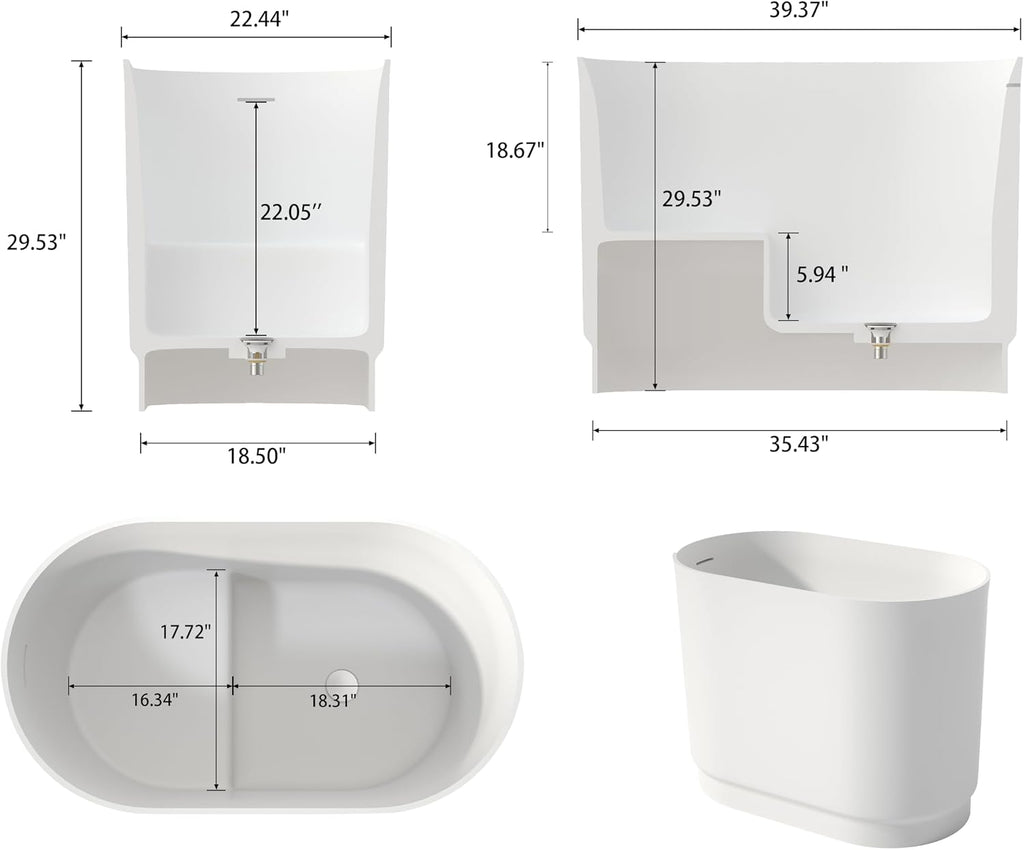 SJ Star&Jane 39' Solid Surface Japanese Soaking Bathtub Stone Resin Freestanding Tub Deep Soaking Bathtub Sit-In Design with Drain and Overflow