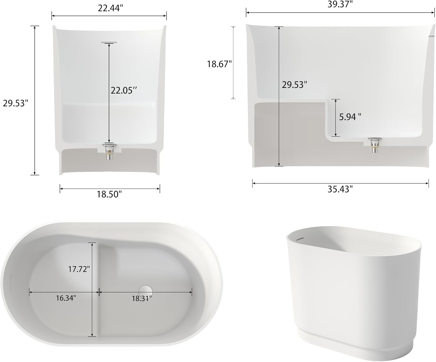 SJ Star&Jane 39' Solid Surface Japanese Soaking Bathtub Stone Resin Freestanding Tub Deep Soaking Bathtub Sit-In Design with Drain and Overflow