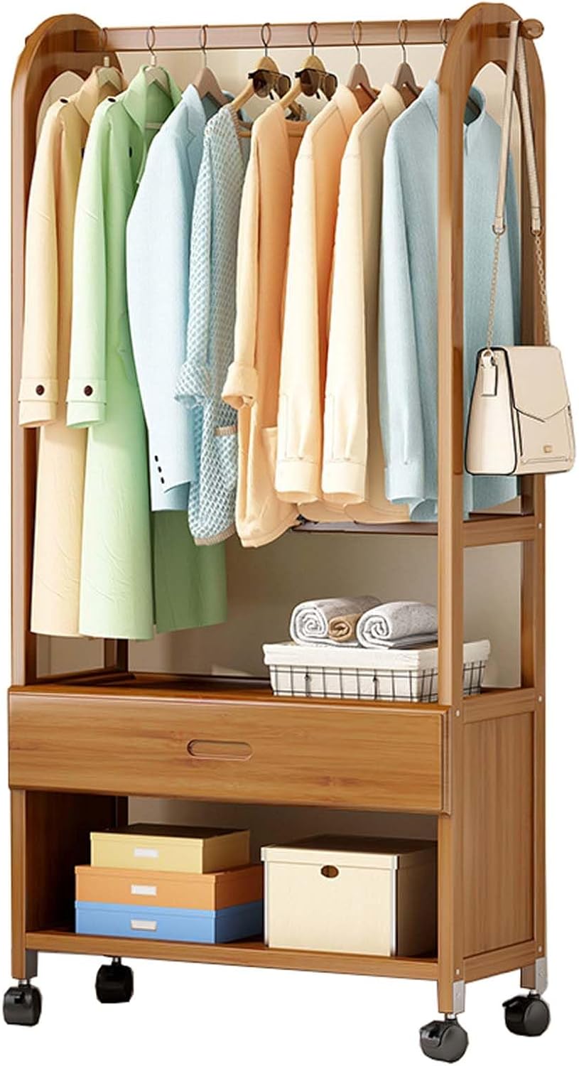 YSUEFIJO Strong Garment Racks with Wheels, Heavy Duty Rolling Clothes-Rack, Garment Rack for Hanging Clothes, Space Saving Clothing Rack, Minimalism Wardrobe Closet Organizer for Indoor
